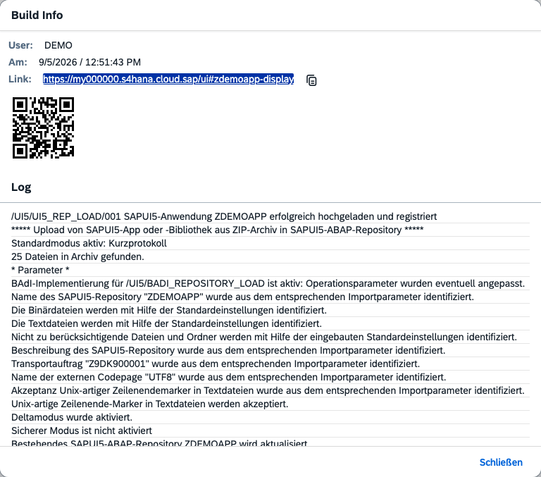 Build Info mit Link, QR-Code und Upload-Protokoll